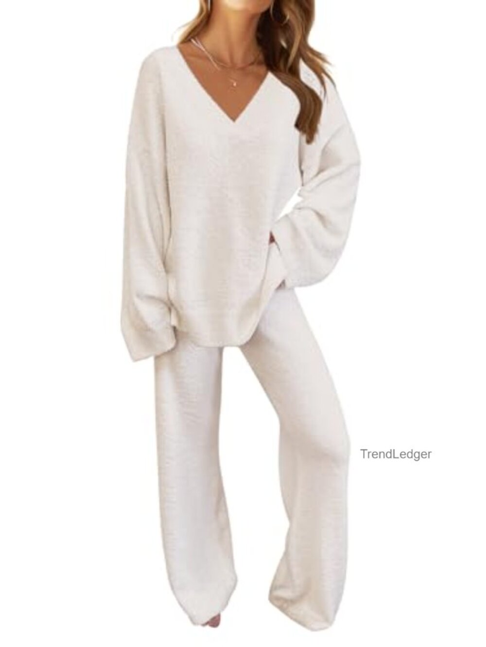 Fleece 2 Piece Pajama Lounge Set Long Sleeve V-Neck Top Wide Leg Pants